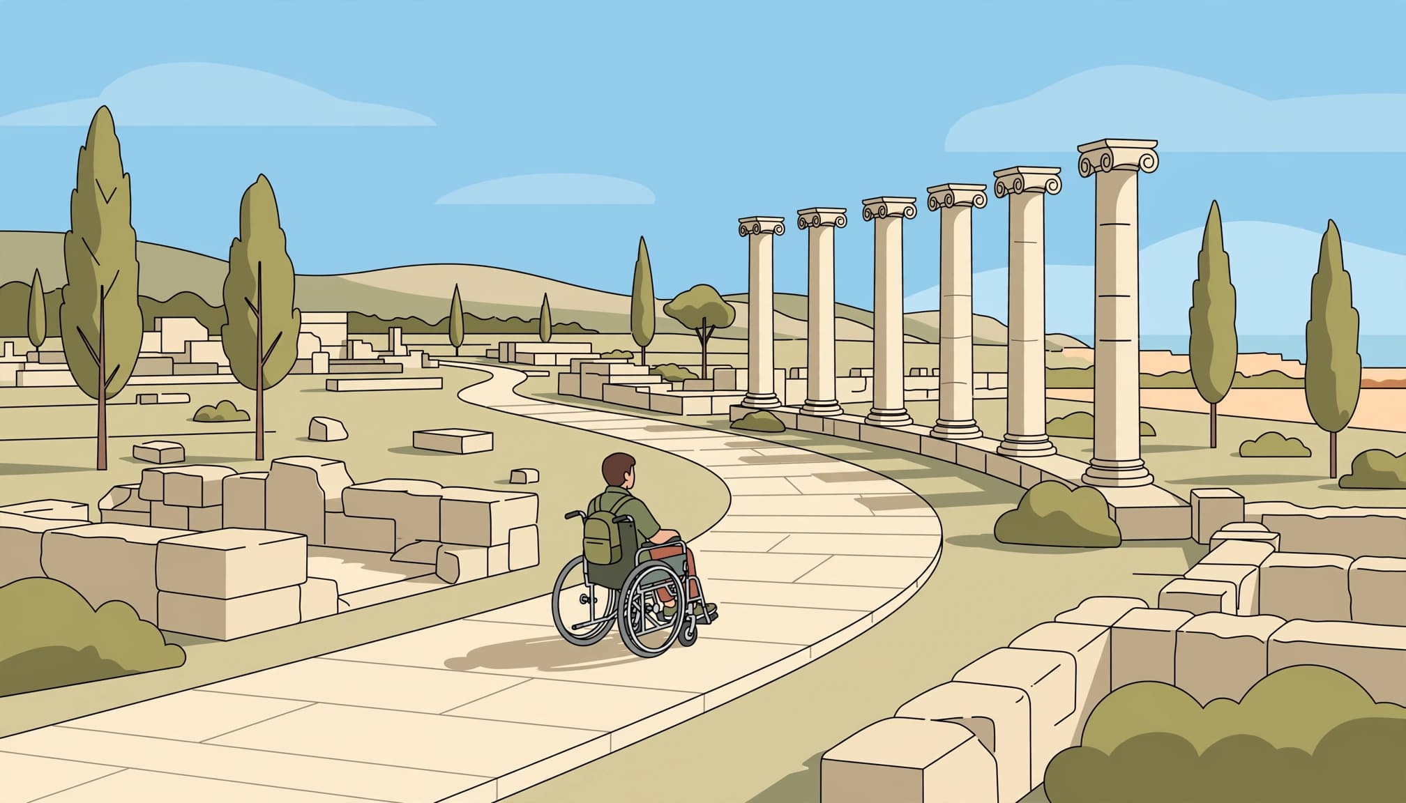 A wheelchair user travels along a smooth path beside ancient columns and low ruins.